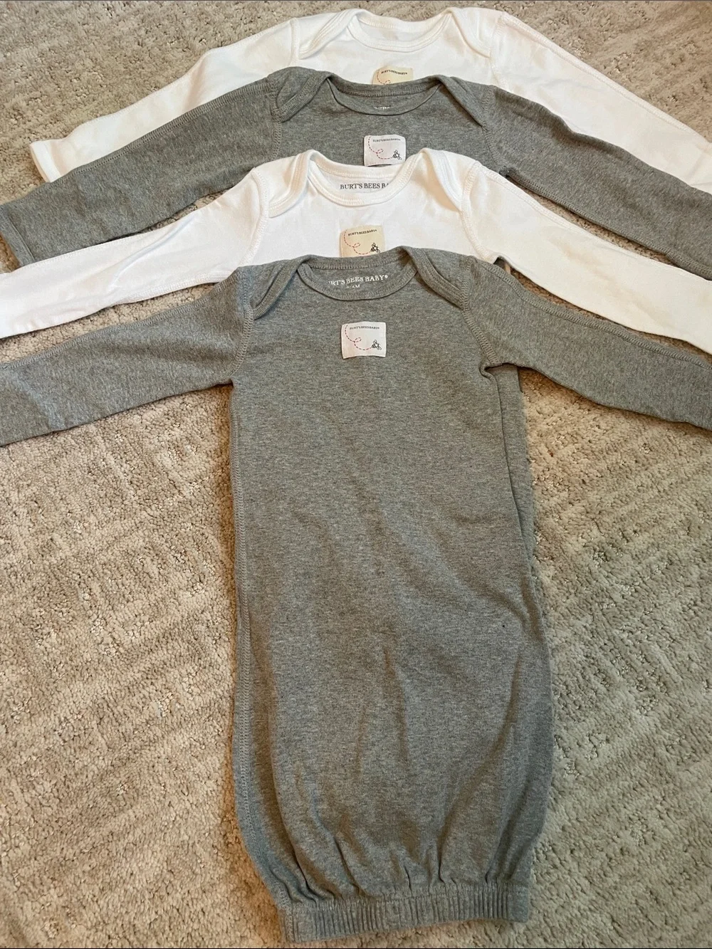 Burt’s Bees Baby Gown 4pc Organic Cotton 0-6M Gray White